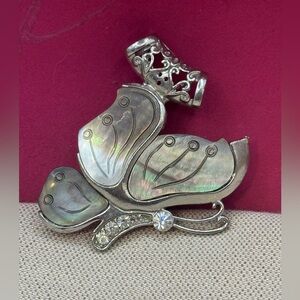 Silver & iridescent pearl large winged butterfly with rhinestones pendant